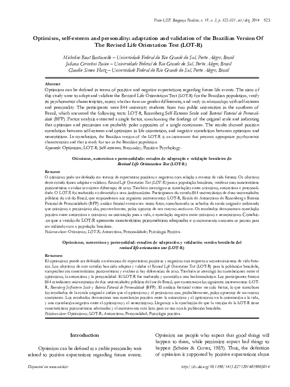 (PDF) Optimism, self-esteem and personality: adaptation and validation ...