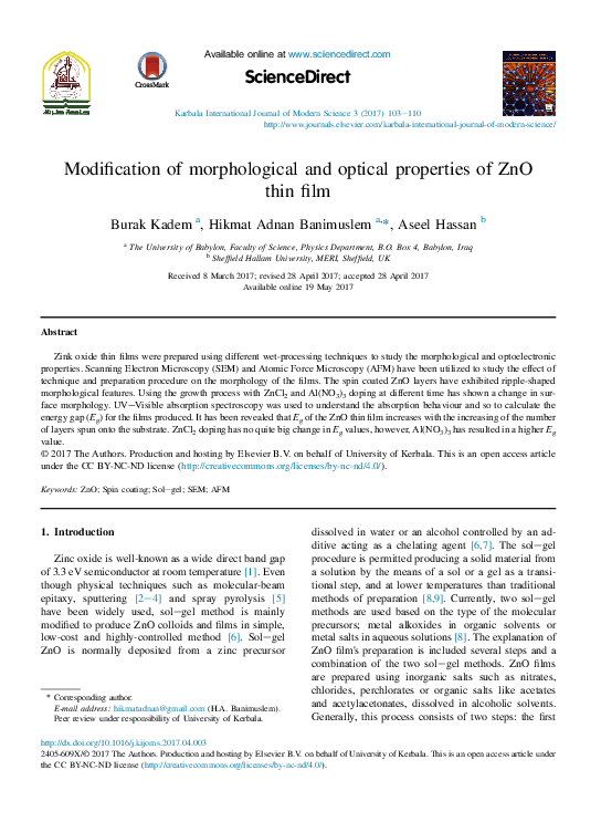 (PDF) Modification of morphological and optical properties of ZnO thin film