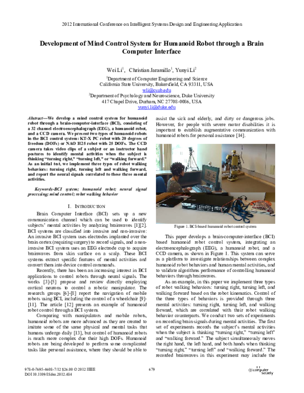(PDF) Development of Mind Control System for Humanoid Robot through a ...