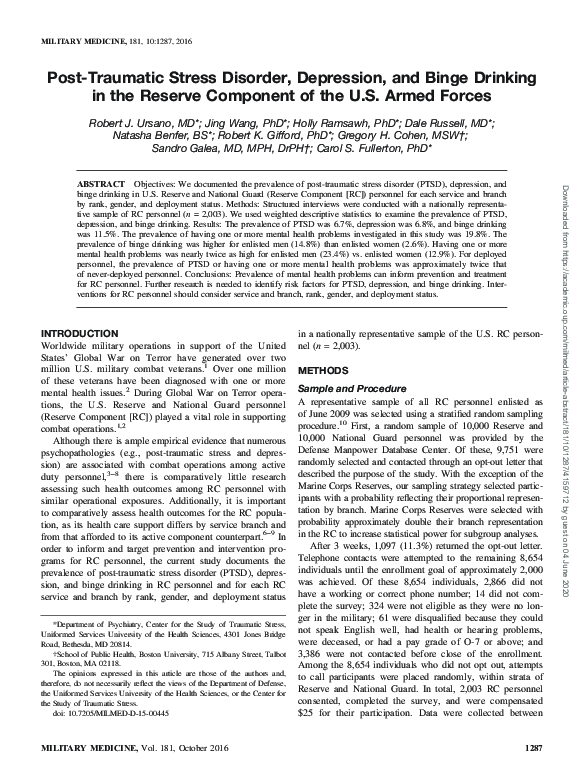 (PDF) Post-Traumatic Stress Disorder, Depression, and Binge Drinking in ...