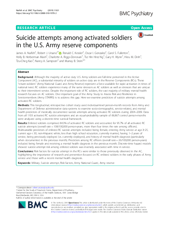 (PDF) Suicide attempts among activated soldiers in the U.S. Army ...