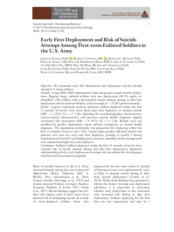 (PDF) Early First Deployment and Risk of Suicide Attempt Among First ...