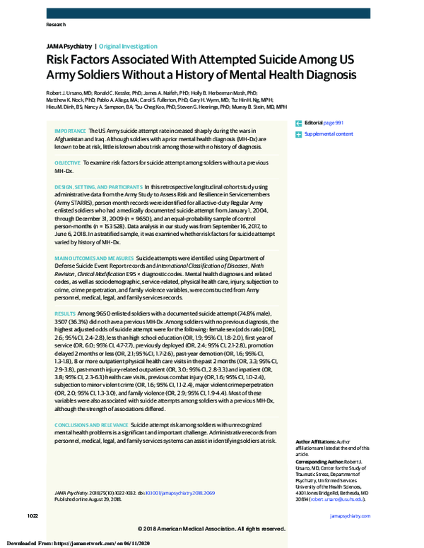 (PDF) Risk Factors Associated With Attempted Suicide Among US Army ...