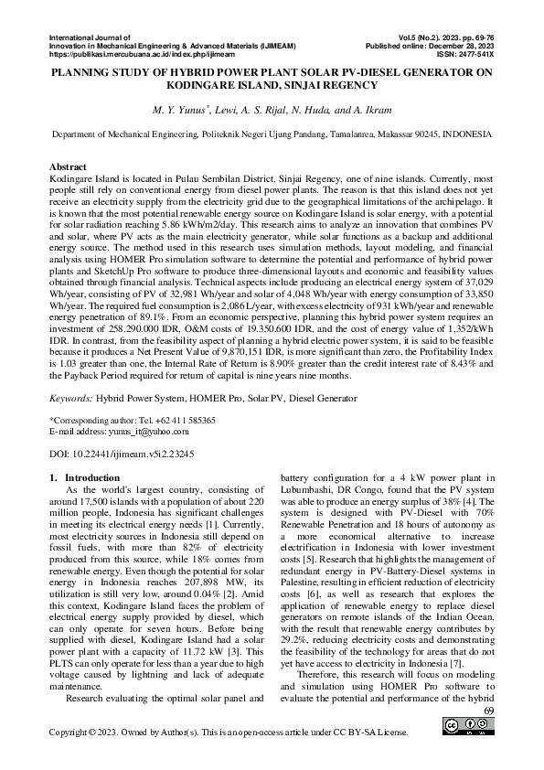 (PDF) PLANNING STUDY OF HYBRID POWER PLANT SOLAR PV-DIESEL GENERATOR ON ...