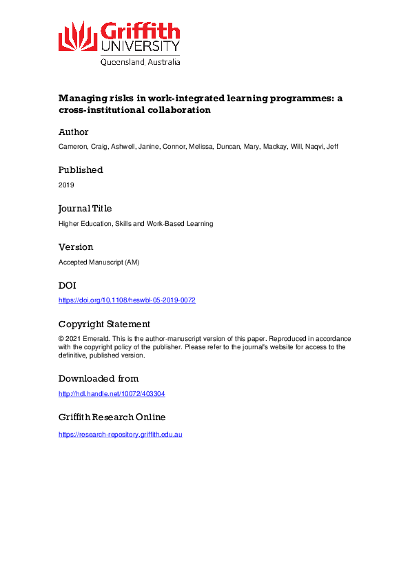 (PDF) Managing risks in work-integrated learning programmes: a cross ...