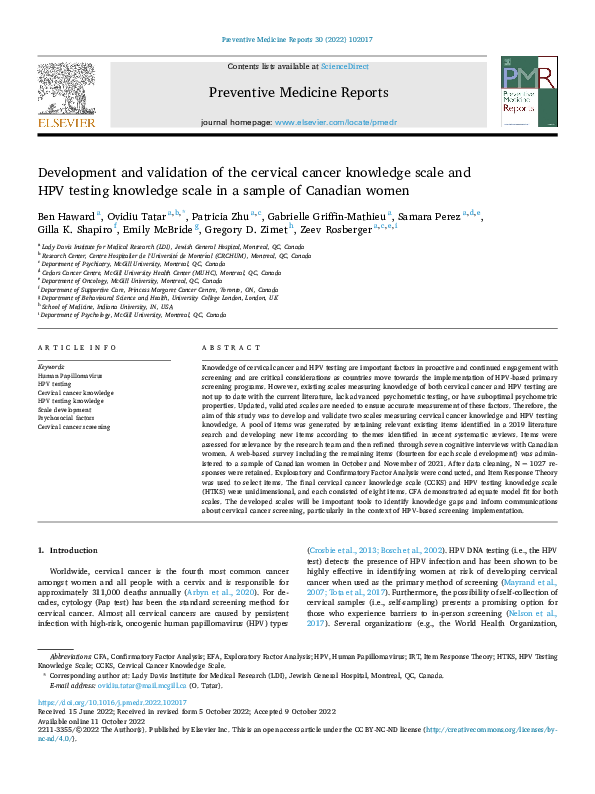 (PDF) Development and validation of the cervical cancer knowledge scale ...
