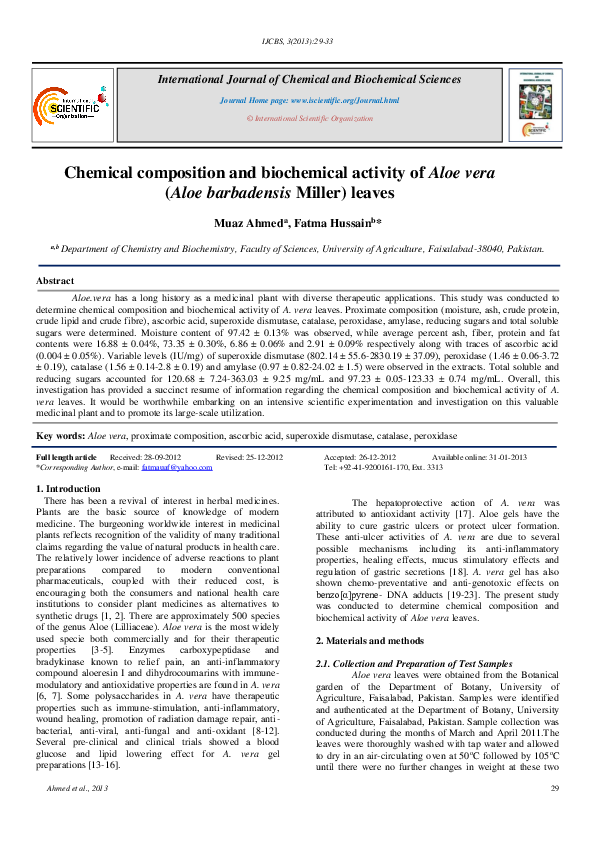 PDF) Chemical Composition and Biochemical Activity of Aloe vera (Aloe  barbadensis Miller) Leaves