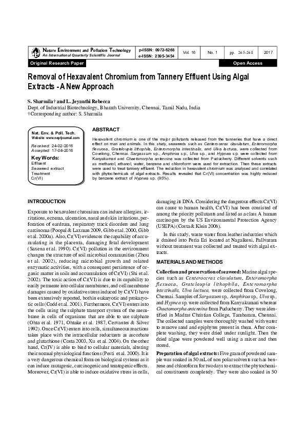 (PDF) Removal of Hexavalent Chromium from Tannery Effluent Using Algal ...