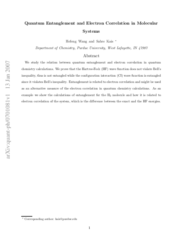 (PDF) Quantum Entanglement and Electron Correlation in Molecular Systems