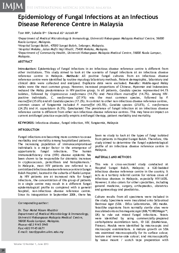 (PDF) Epidemiology of Fungal Infections at an Infectious Disease ...