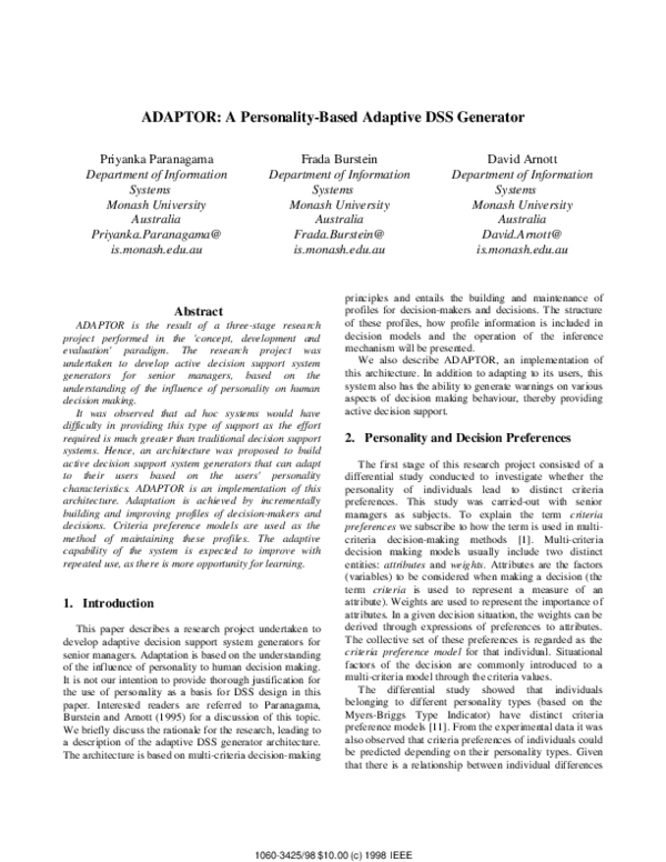 (PDF) ADAPTOR: a personality-based adaptive DSS generator