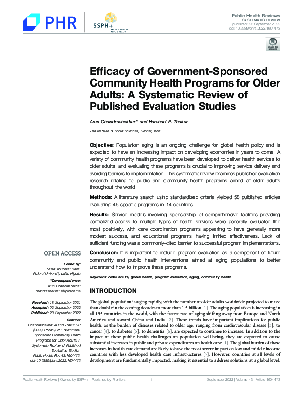 (PDF) Efficacy of Government-Sponsored Community Health Programs for ...