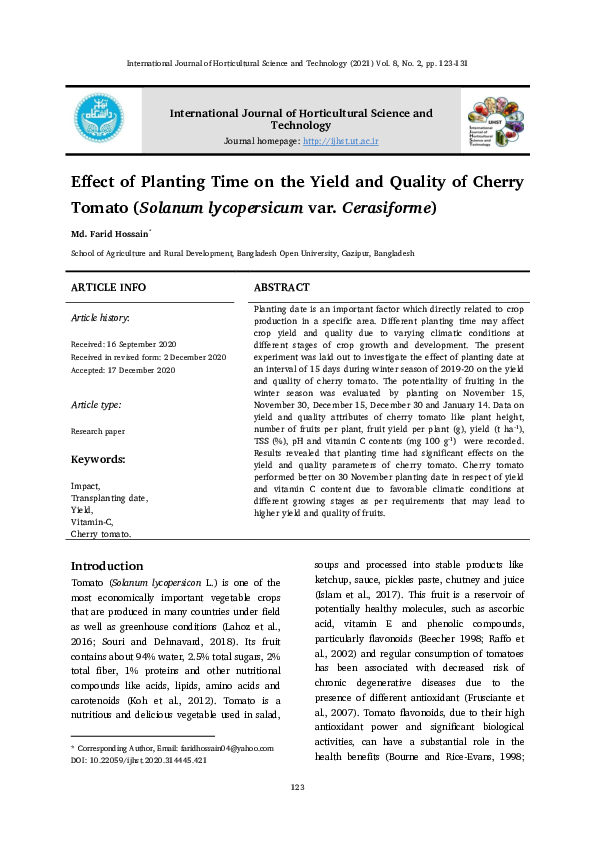 (PDF) Effect of Planting Time on the Yield and Quality of Cherry Tomato ...