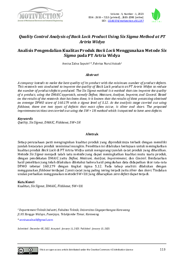 (PDF) Quality Control Analysis of Back Lock Product Using Six Sigma ...