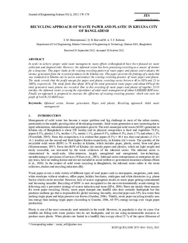 (PDF) Recycling Approach of Waste Paper and Plastic in Khulna City of ...