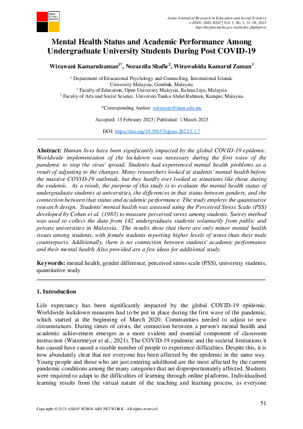 (PDF) Mental Health Status and Academic Performance Among Undergraduate ...
