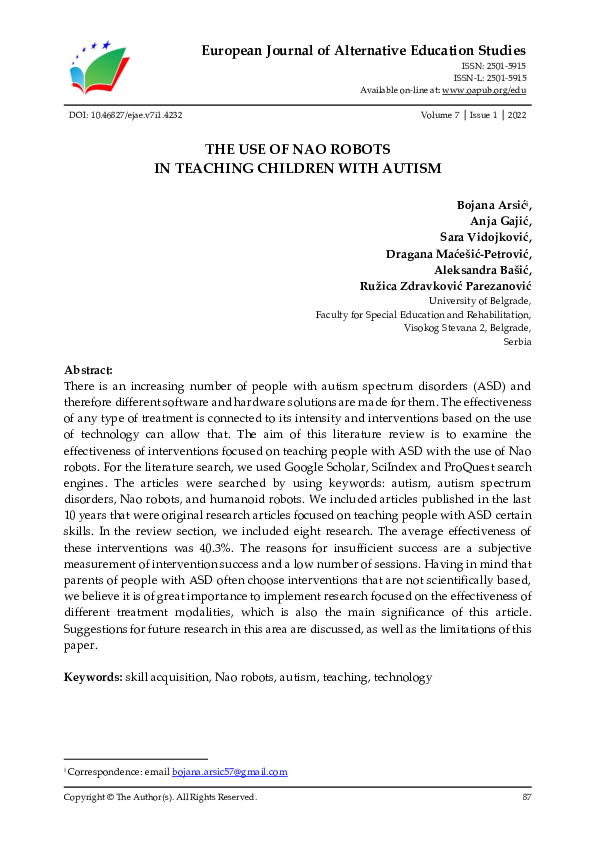 (PDF) The Use of Nao Robots in Teaching Children with Autism
