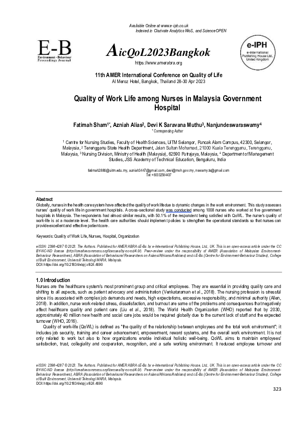 (PDF) Quality of Work Life among Nurses in Malaysia Government Hospital