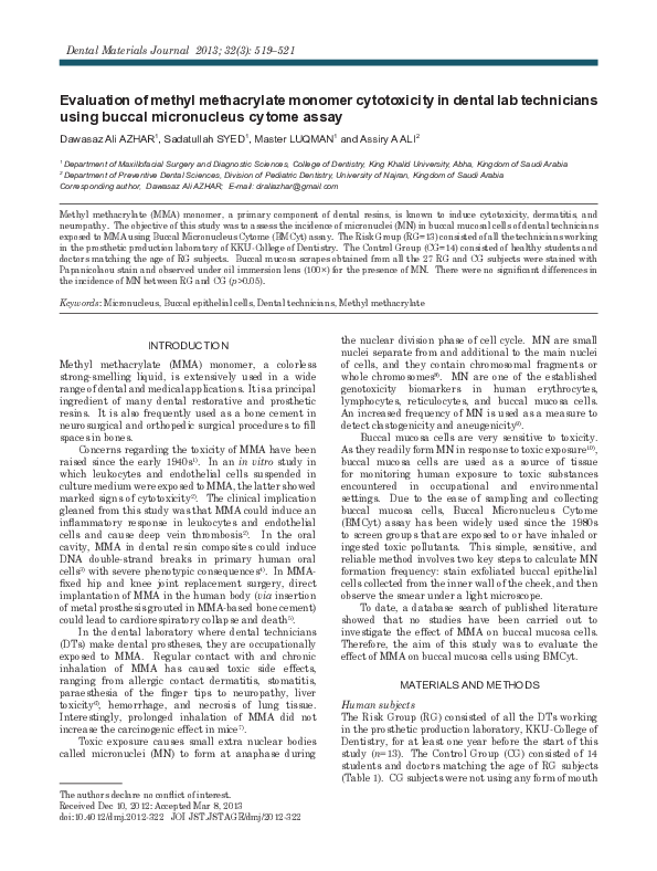 (PDF) Evaluation of methyl methacrylate monomer cytotoxicity in dental ...