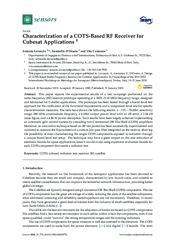 (PDF) Characterization of a COTS-Based RF Receiver for Cubesat Applications