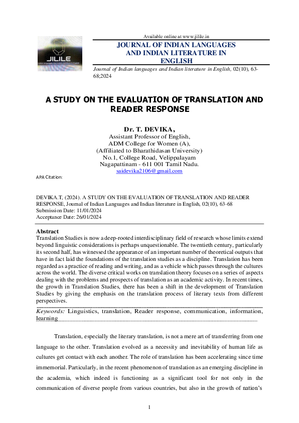 (PDF) A STUDY ON THE EVALUATION OF TRANSLATION AND READER RESPONSE