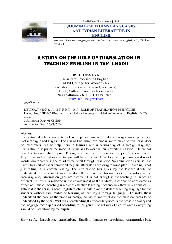 (PDF) A STUDY ON THE ROLE OF TRANSLATION IN TEACHING ENGLISH IN TAMILNADU