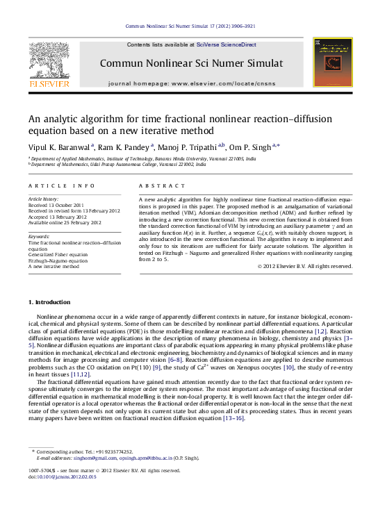 (PDF) An analytic algorithm for time fractional nonlinear reaction ...