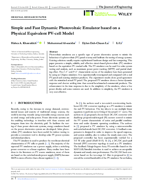 (PDF) Simple and Fast Dynamic Photovoltaic Emulator based on a Physical ...