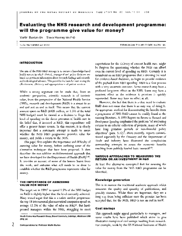 (PDF) Evaluating the NHS research and development programme: will the ...