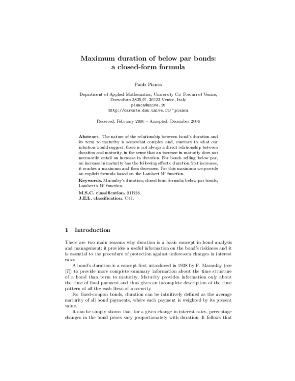 (PDF) Maximum Duration of Below Par Bonds: A Closed-form Formula