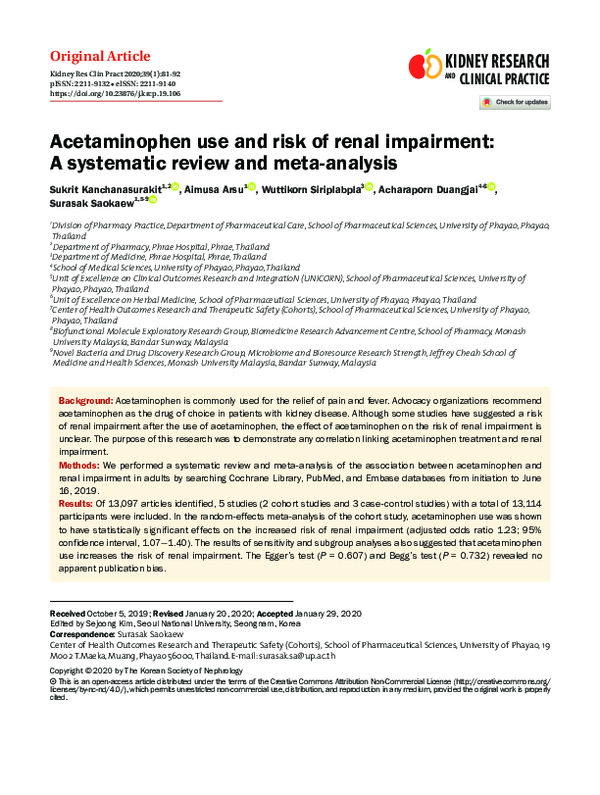 (PDF) Acetaminophen use and risk of renal impairment A systematic