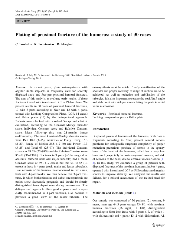 (PDF) Plating of proximal fracture of the humerus: a study of 30 cases