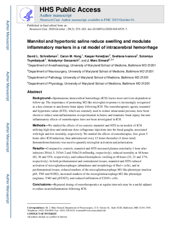 (PDF) Mannitol and Hypertonic Saline Reduce Swelling and Modulate ...