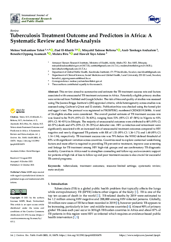 (PDF) Tuberculosis Treatment Outcome and Predictors in Africa: A ...