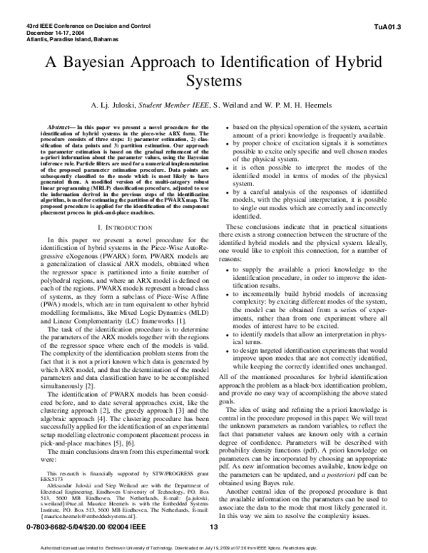 (PDF) A Bayesian approach to identification of hybrid systems