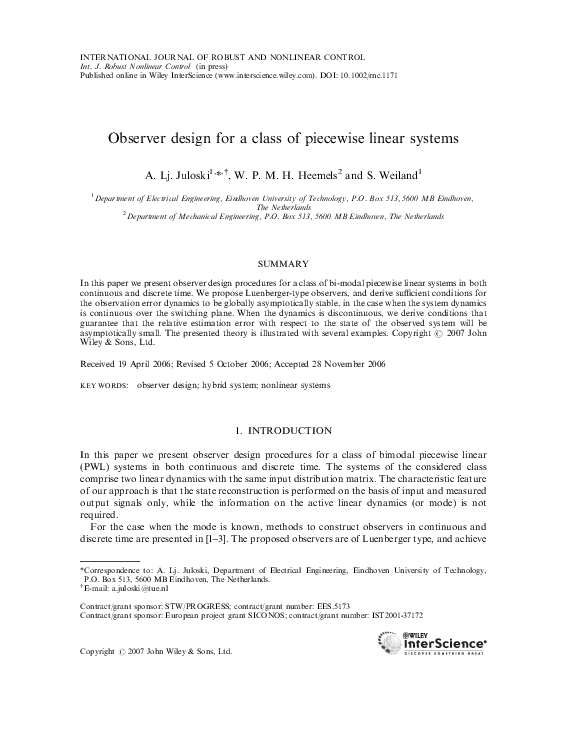 (PDF) Observer design for a class of piecewise linear systems