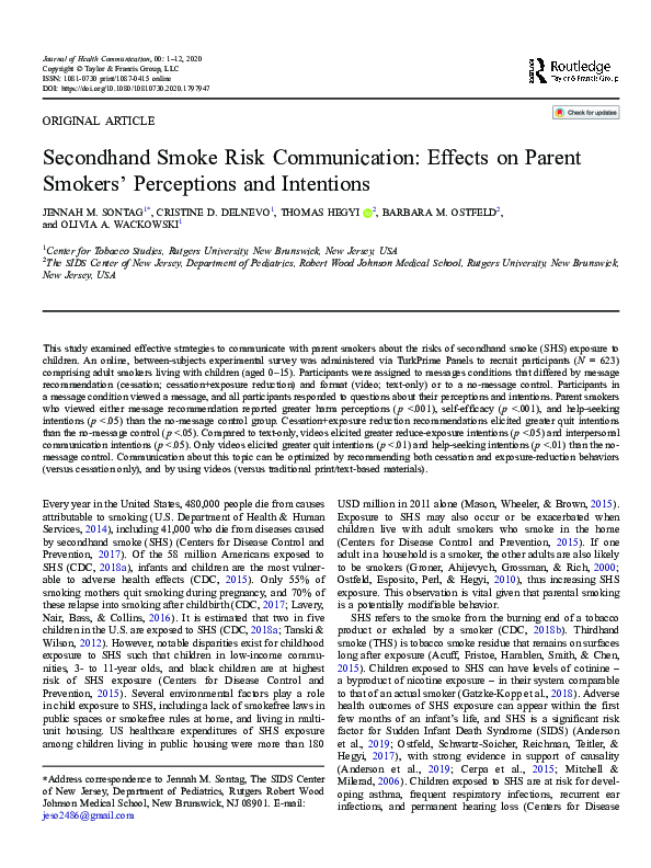 (PDF) Secondhand Smoke Risk Communication: Effects on Parent Smokers ...