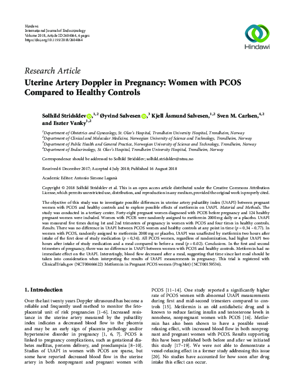 (PDF) Uterine Artery Doppler in Pregnancy: Women with PCOS Compared to ...