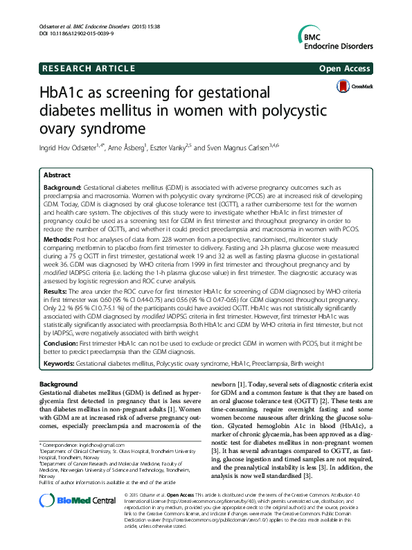 (PDF) HbA1c as screening for gestational diabetes mellitus in women ...