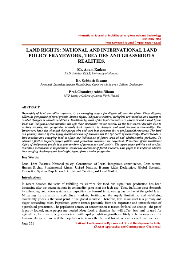 (PDF) LAND RIGHTS: NATIONAL AND INTERNATIONAL LAND POLICY FRAMEWORK ...