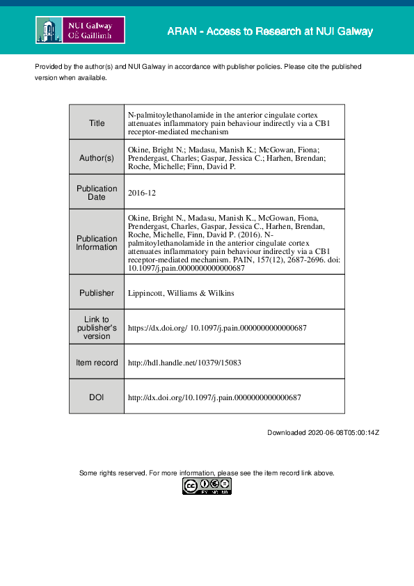 N-palmitoylethanolamide in the anterior cingulate cortex attenuates inflammatory pain behaviour indirectly via a CB1 receptor-mediated mechanism