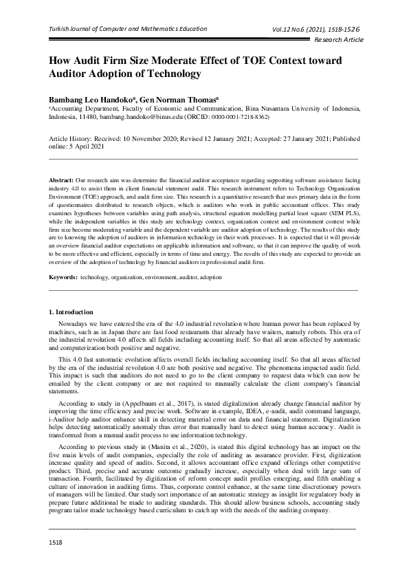(PDF) How Audit Firm Size Moderate Effect of TOE Context toward Auditor ...