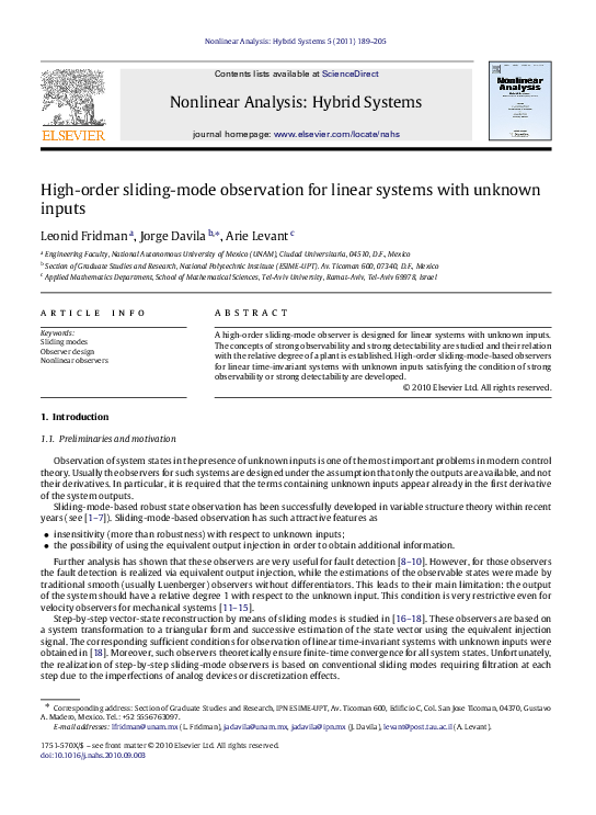 (PDF) High-order sliding-mode observation for linear systems with ...