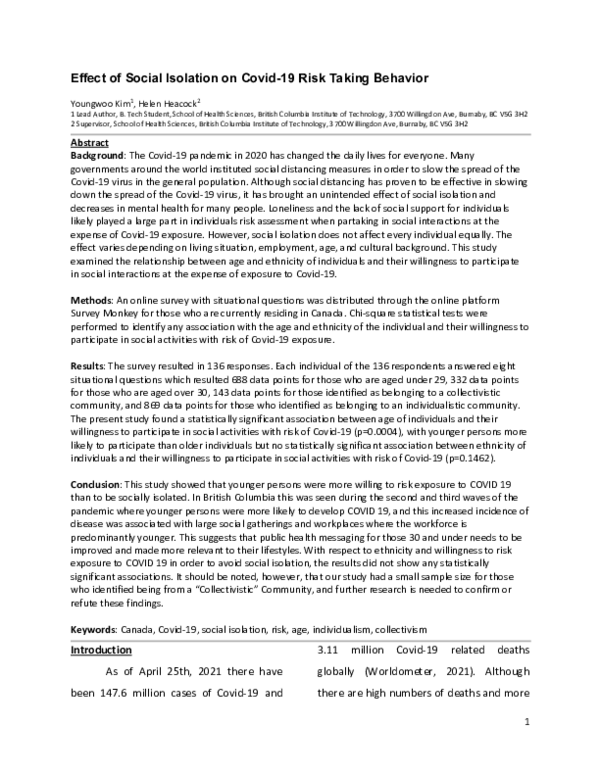 (PDF) Effect of social isolation on COVID-19 risk taking behavior
