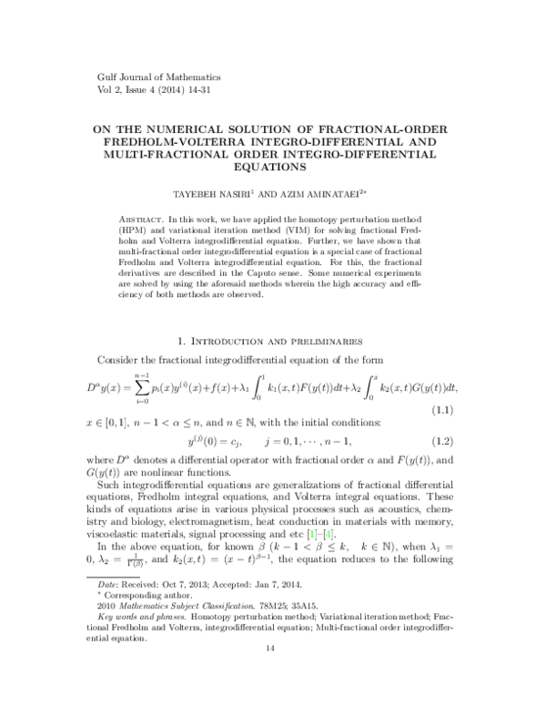 (PDF) On the numerical solution of fractional-order Fredholm-Volterra ...