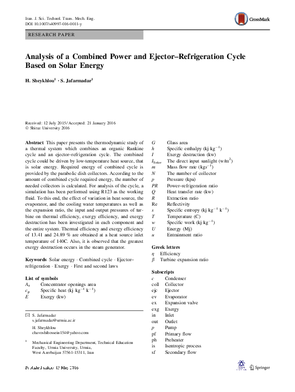 (PDF) Analysis of a combined power and ejector-refrigeration cycle ...