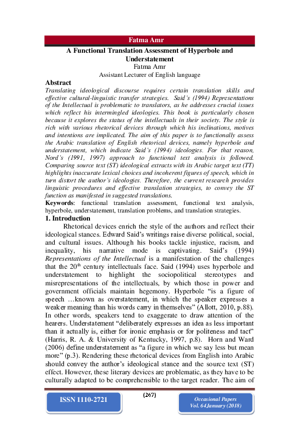 (PDF) A Functional Translation Assessment of Hyperbole and Understatement