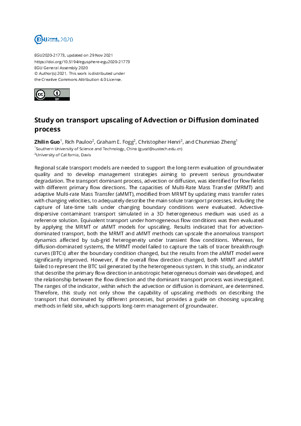 (PDF) Study on transport upscaling of Advection or Diffusion dominated ...
