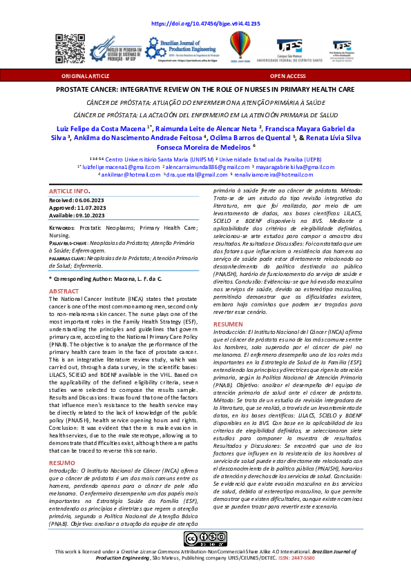 (PDF) PROSTATE CANCER: INTEGRATIVE REVIEW ON THE ROLE OF NURSES IN ...