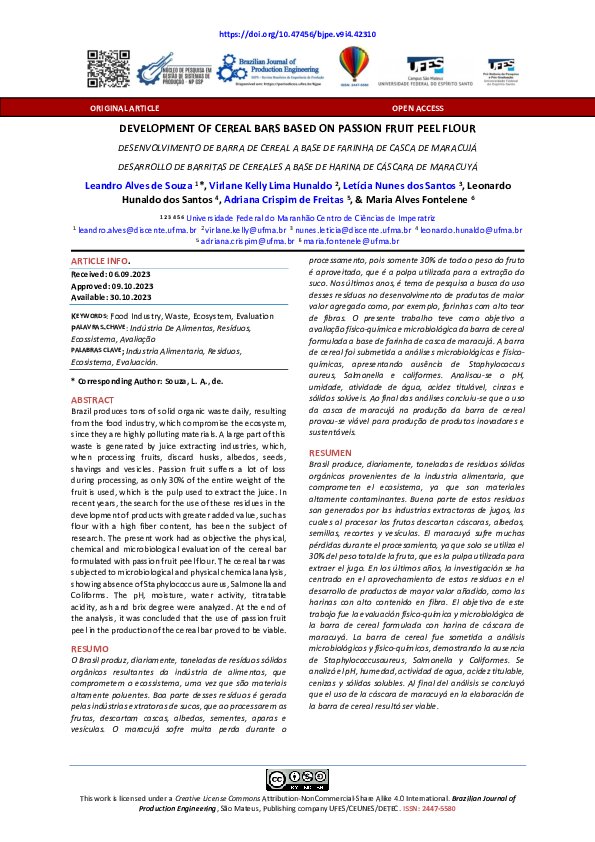 (PDF) DEVELOPMENT OF CEREAL BARS BASED ON PASSION FRUIT PEEL FLOUR